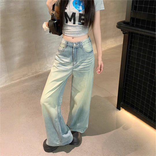 Damen Weite High-Waist Jeans mit modischem Farbverlauf R&B