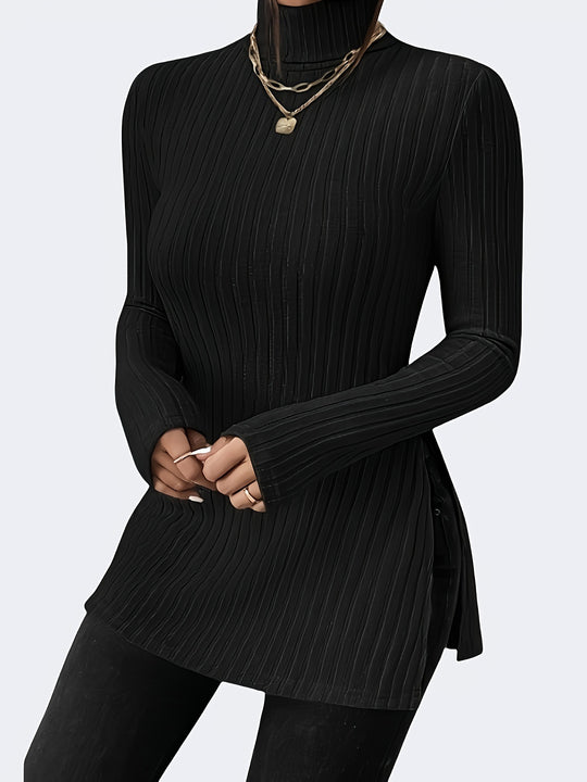 Damen Langarmshirt mit hohem Kragen und feinem Rippdesign R&B