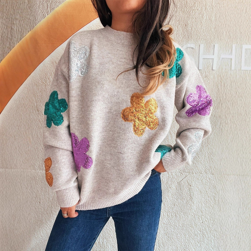 Damen Strickpullover mit bunten Funkelblumen R&B