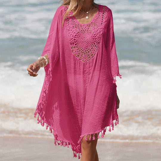 Damen Häkel-Strandüberwurf mit fransigem Saum und elegantem Lochmuster R&B