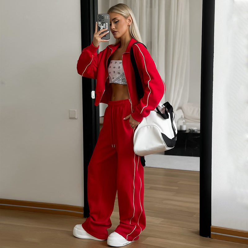 Damen nan kurzes Reißverschluss-Hoodie und hohe Taillen-Jogginghose Set mit dekorativer Seitenpaspel R&B