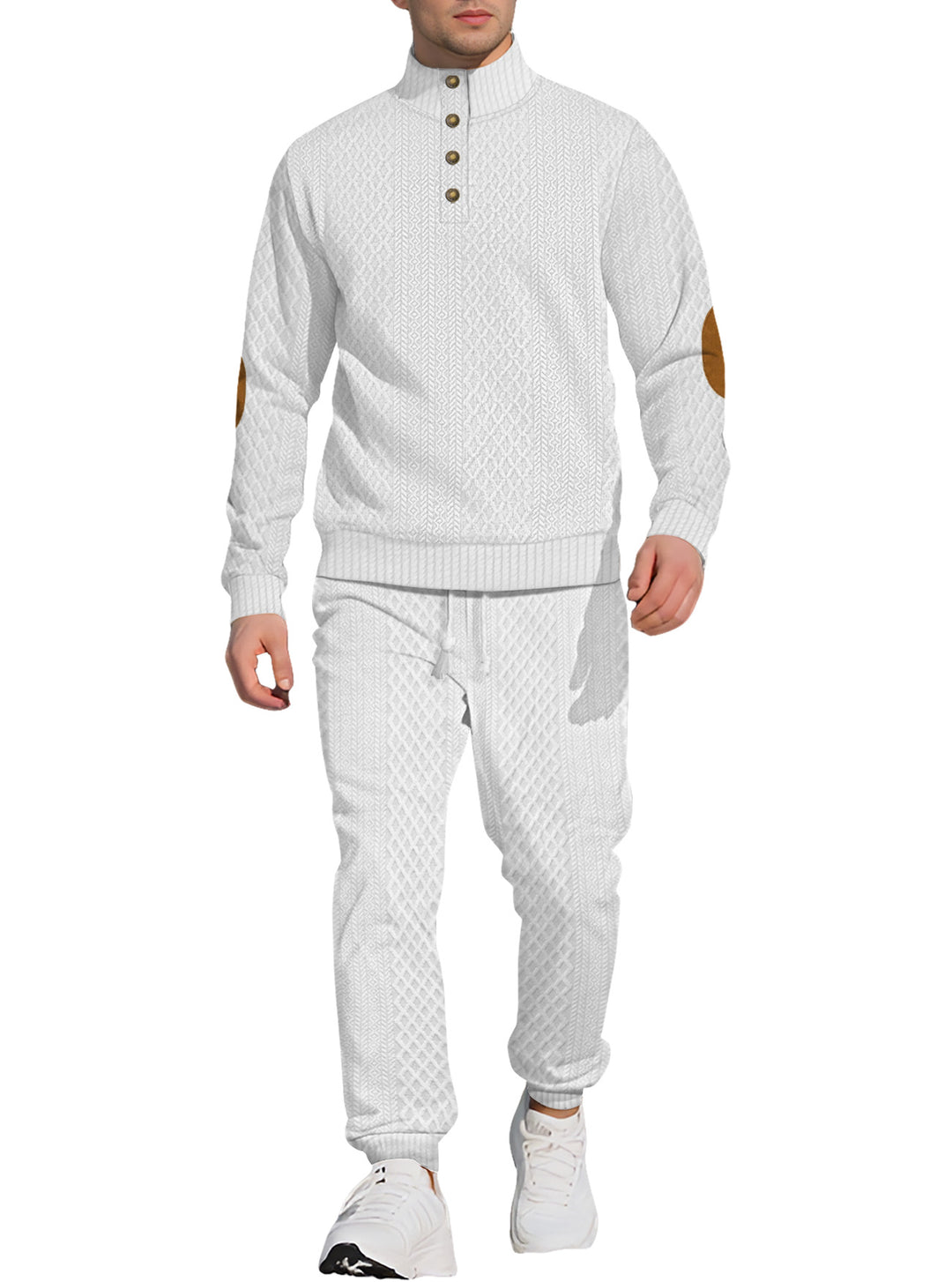 Herren nan strukturiertes Strick-Freizeitset mit Halbknopf-Stehkragen Wildleder-Ellbogenpatches und Kordelbund-Jogger R&B
