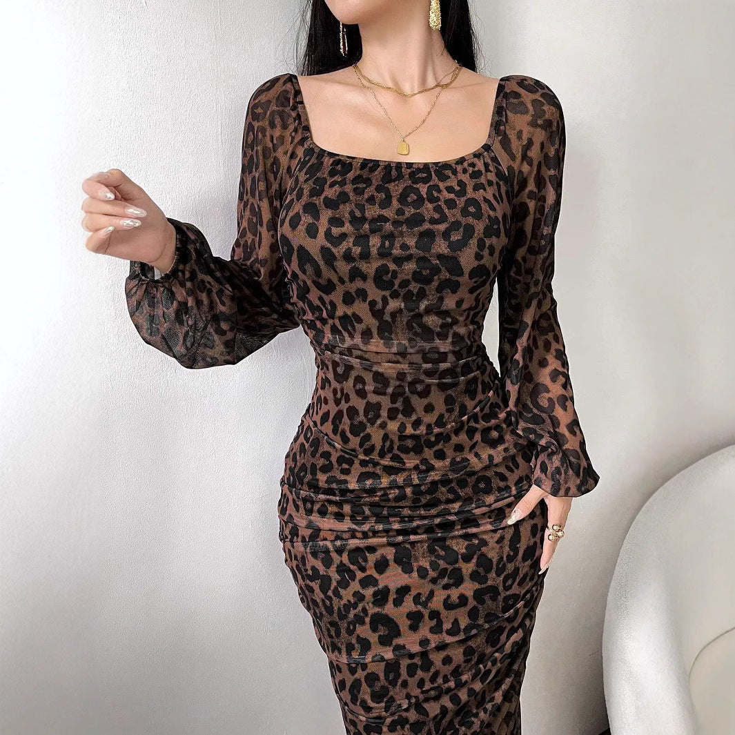 Damen elegantes Kleid mit Leopardenmuster und Puffärmeln