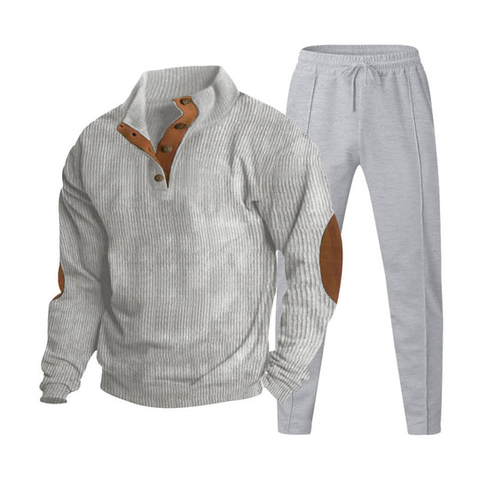 Herren nan gerippter Henley-Freizeitanzug mit dekorativer Knopfleiste und Wildleder-Ellenbogenpatch konisch geschnittene Jogginghose R&B