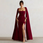 Damen Elegantes Maxikleid mit abnehmbarem Cape und seitlichem Schlitz R&B