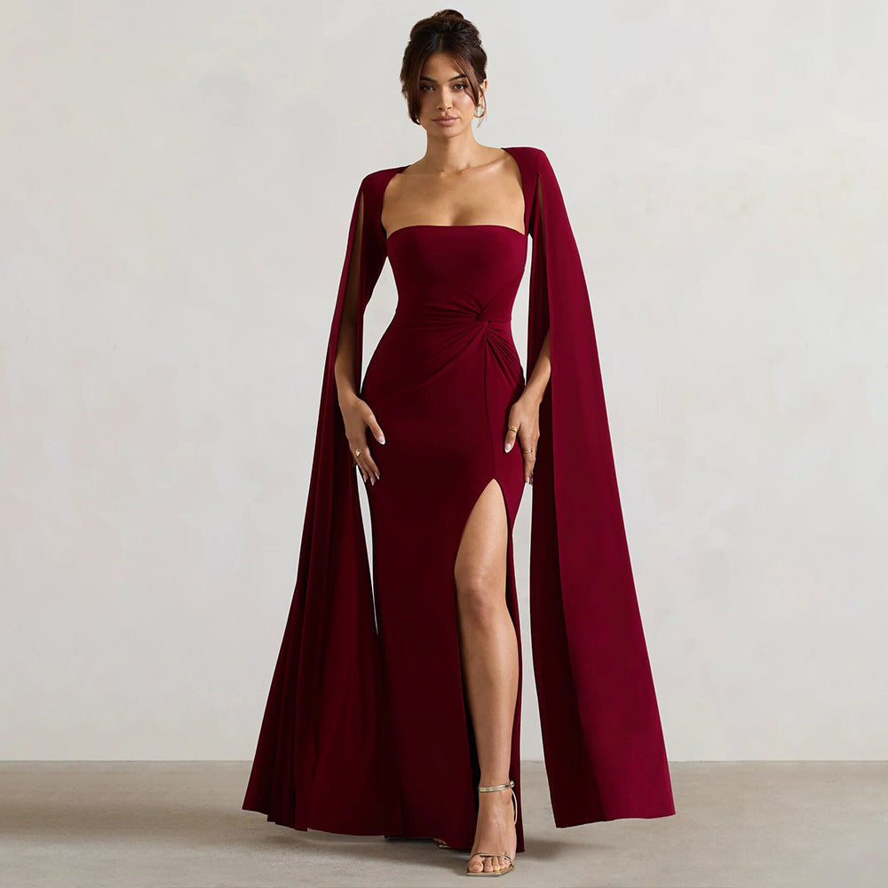Damen Elegantes Maxikleid mit abnehmbarem Cape und seitlichem Schlitz R&B