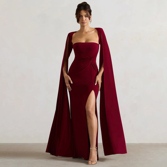 Damen Elegantes Maxikleid mit abnehmbarem Cape und seitlichem Schlitz R&B