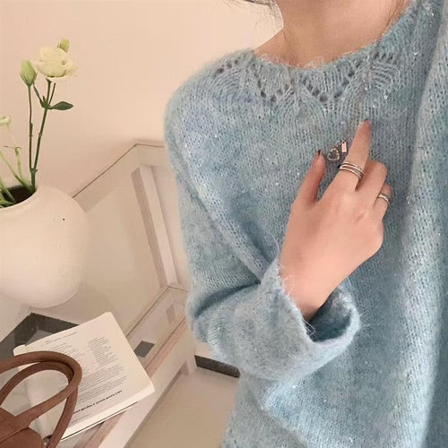 Damen Flauschiger Strickpullover mit glänzenden Akzenten und lockerem Schnitt R&B