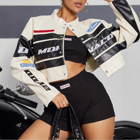 Damen cropped Bikerjacke mit sportiven Branding-Elementen R&B