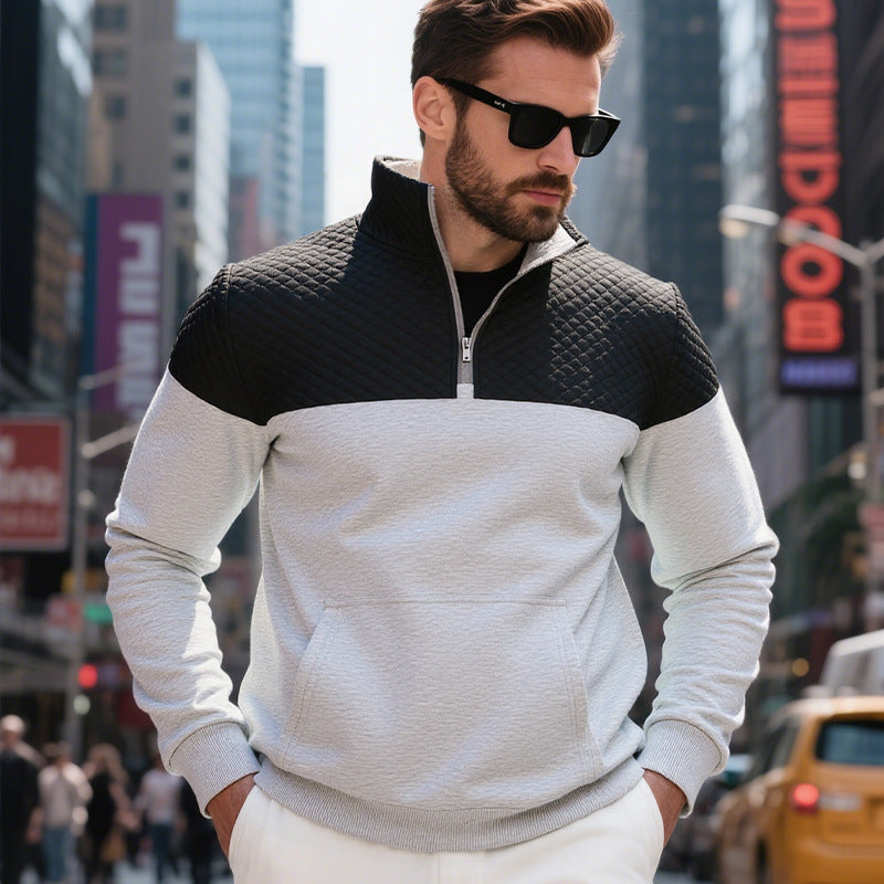 Herren nan gesteppter Halbzip Sweater mit Kängurutasche und Stehkragen R&B