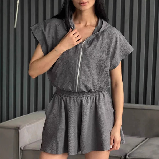 Damen sportliches kurzärmeliges Set mit leichtem Reißverschluss und elastischem Bund R&B