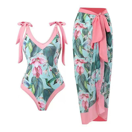 Damen Badeanzug mit floralem Design und transparentem Wickelrock R&B