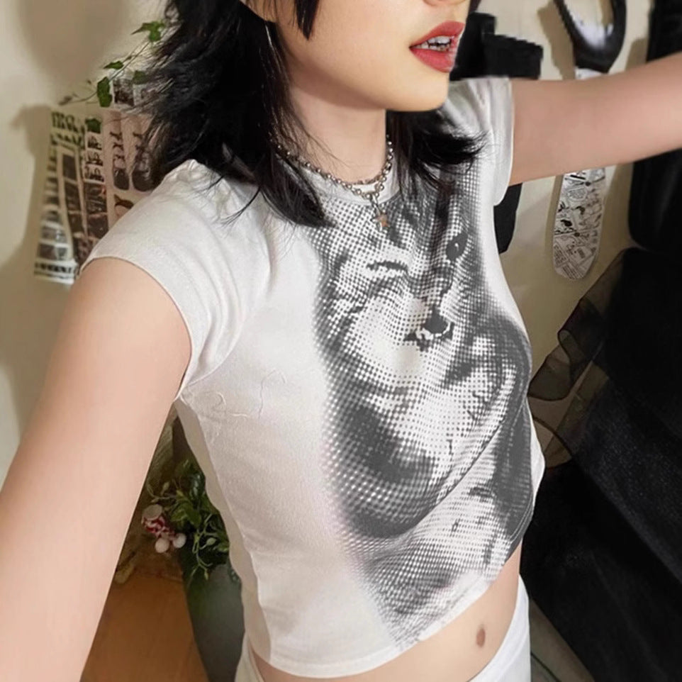 Damen Crop-T-Shirt mit kreativem Katzenmotiv R&B