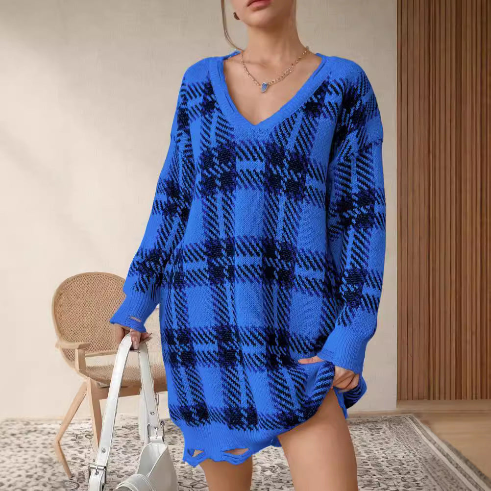 Damen Grobstrickpullover im modischen Karomuster R&B