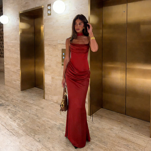 Damen elegantes Maxikleid mit raffiniertem Wasserfallausschnitt und figurbetontem Schnitt R&B