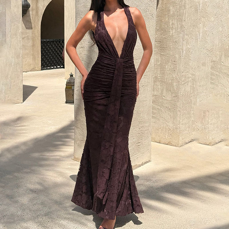 Damen Elegantes, figurbetontes Abendkleid mit tiefem V-Ausschnitt und Rüschendetails R&B