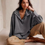 Damen Oversize Pullover mit Kragen und Druckknöpfen