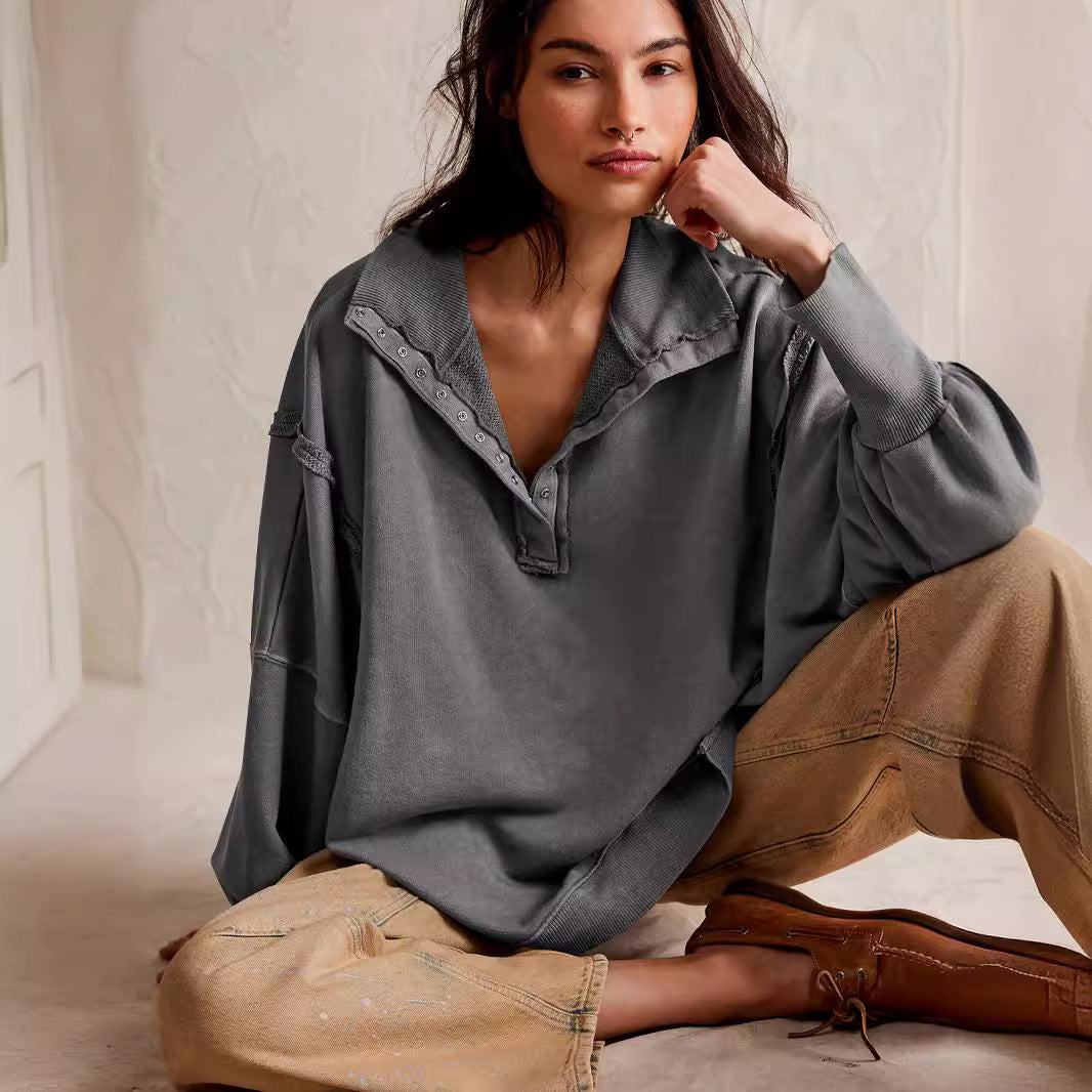 Damen Oversize Pullover mit Kragen und Druckknöpfen