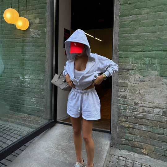 Damen lässiges Kurzarm-Set mit Hoodie und komfortablem Gummibund R&B