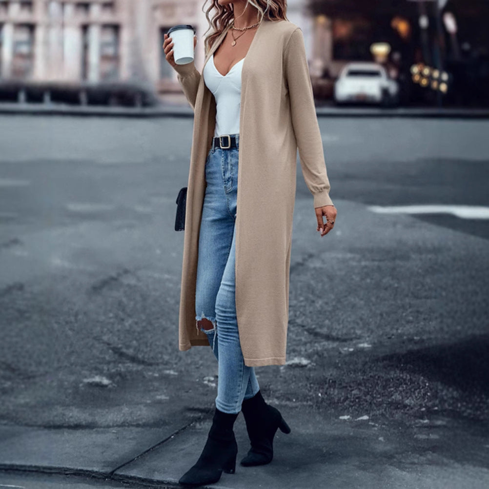 Damen nan langer Feinstrick-Cardigan im Duster-Stil mit offenem Fall und schmaler Ärmelpartie R&B