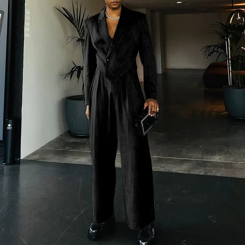 Damen nan Business-Set mit asymmetrischem Drapé-Blazer und Bundfaltenhose mit Gummibund R&B
