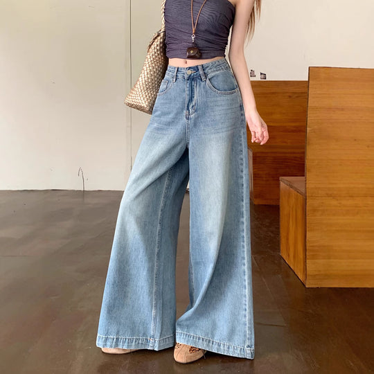 Damen Weite Denim-Hose mit lässigem Schnitt und hoch tailliertem Design R&B