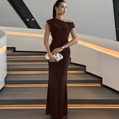 Damen Elegantes Maxikleid mit asymmetrischem Ausschnitt und Raffungen R&B