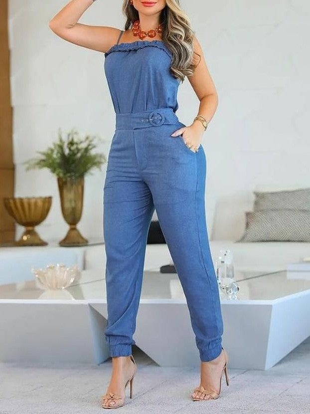 Damen lässiger Jumpsuit mit Rüschendetails und verstellbarem Taillengürtel R&B