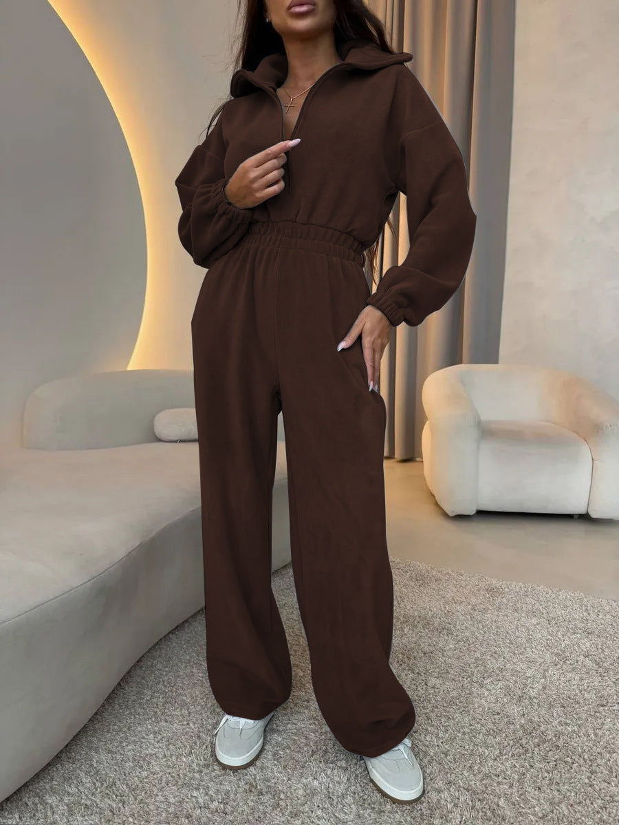 Damen lässiger Jumpsuit mit hohem Kragen und verstellbarem Bund R&B