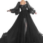 Damen Tüll Abendkleid mit voluminösen Ärmeln und seitlichem Schlitz R&B