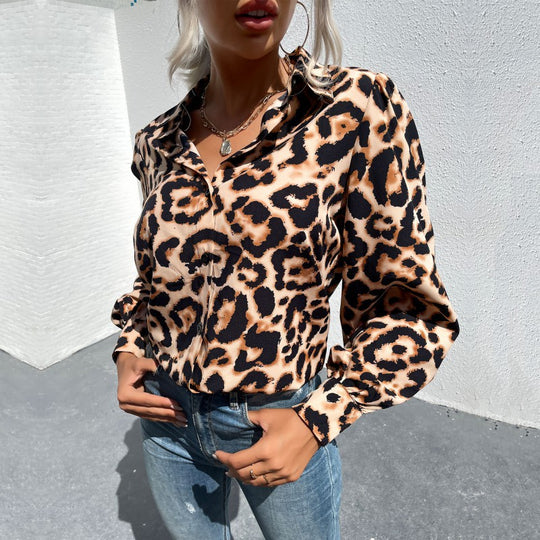 Damen elegante Bluse mit Leopardenmuster und feinen Details R&B