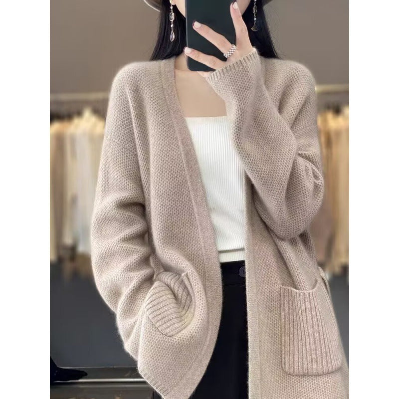Damen bequeme Strickjacke mit Taillengürtel und Taschen R&B