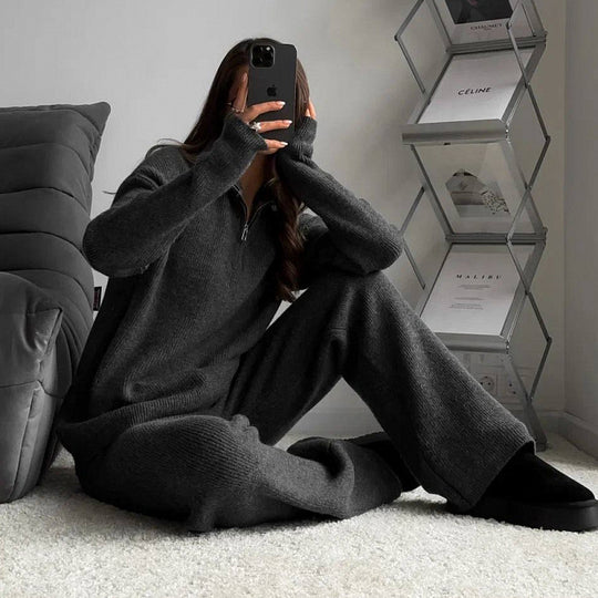 Damen trendiger Oversized Strickpullover mit Zipper und langen Ärmeln R&B