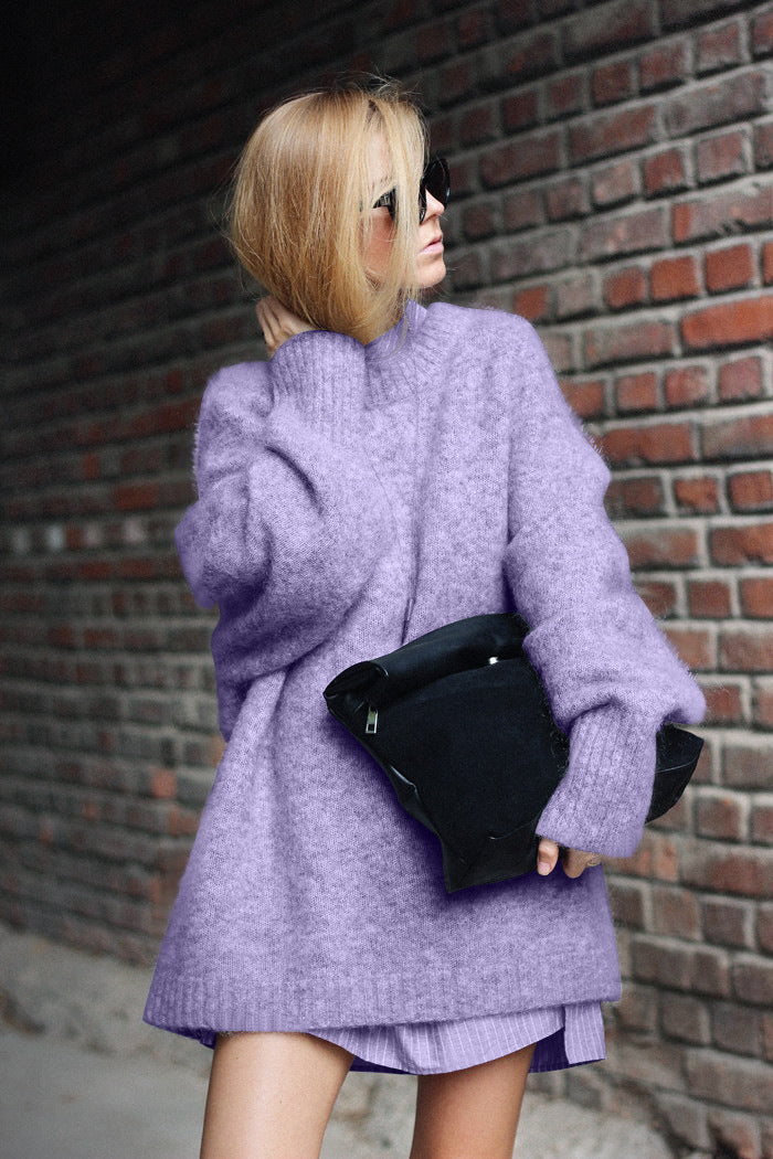 Damen Oversized Strickpullover mit hochabschließendem Kragen und voluminösen Ärmeln R&B