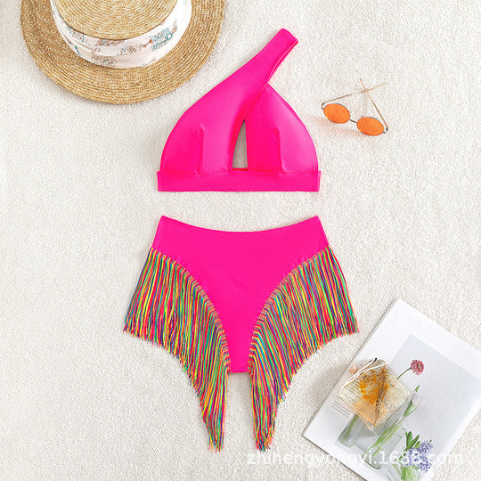 Damen Einseitiger Bikini mit fransigem Saum R&B