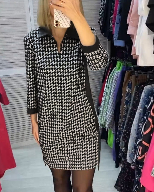 Damen nan knielanges Strickkleid mit Hahnentritt, Polokragen und seitlichen Eingrifftaschen R&B