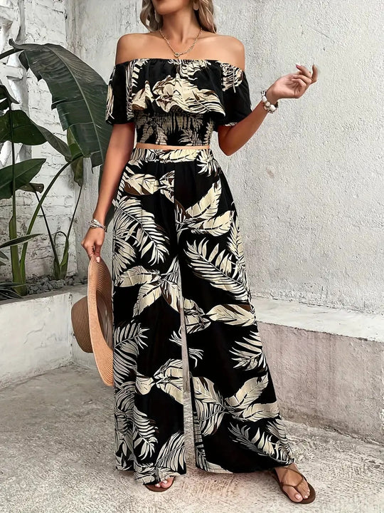 Damen Zweiteiliges Palmwedel-Outfit mit schulterfreiem Top und weitem Schnitt R&B