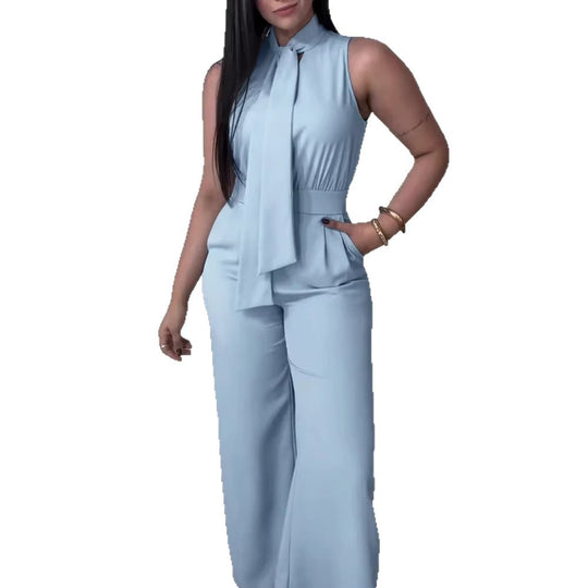 Damen eleganter Jumpsuit mit fließendem Schnitt und bindbarem Kragen R&B