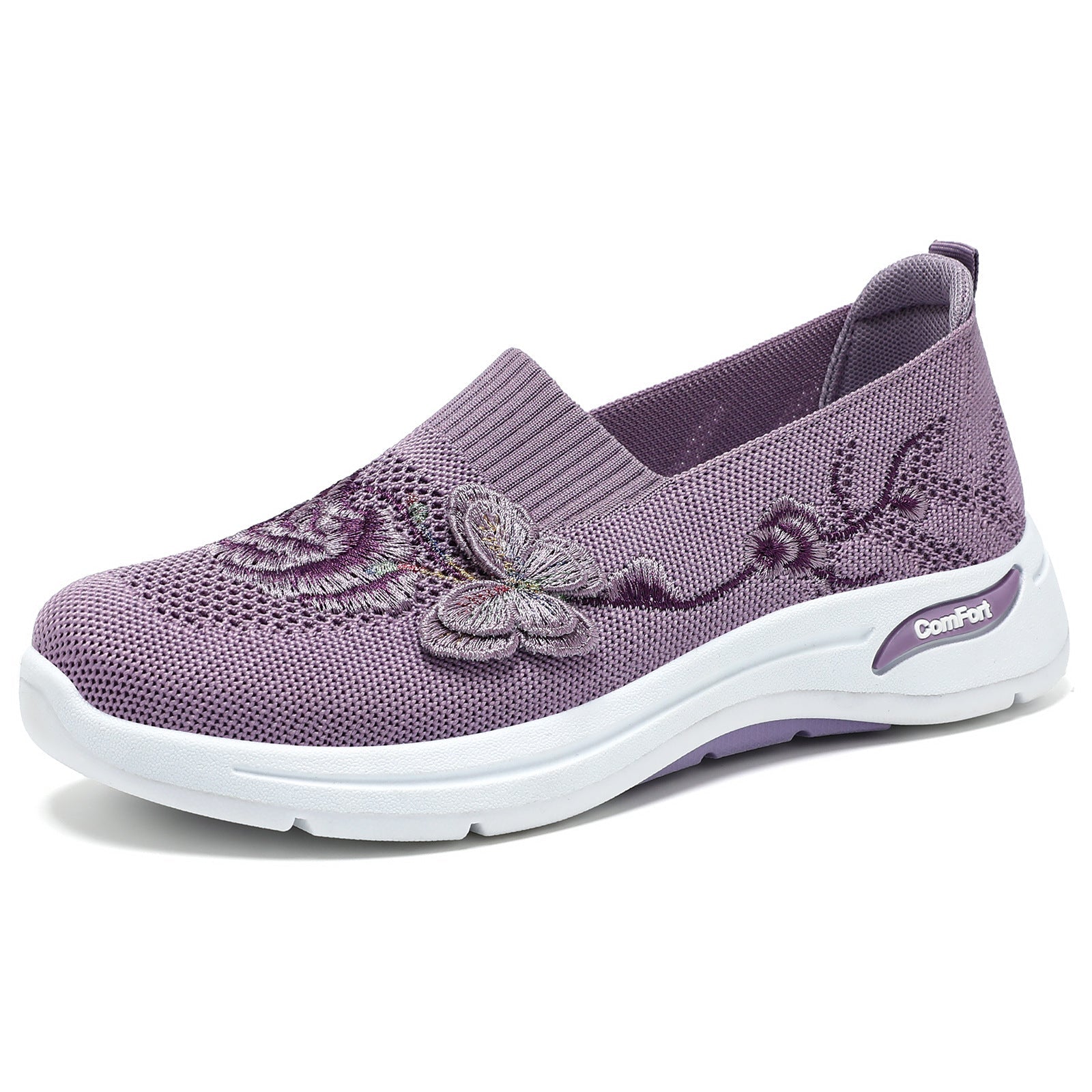 Damen nan gestrickter Slip-On Slipper mit 3D-Blumenstickerei und ergonomischer Komfort-Zwischensohle R&B