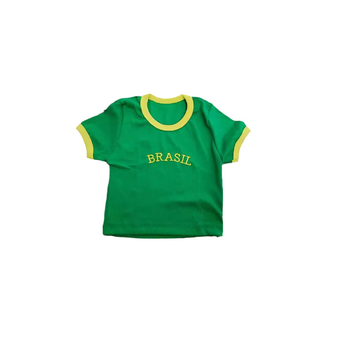 Damen Crop T-Shirt mit Brasil Schriftzug und bunten Akzenten R&B