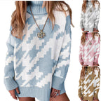 Damen Grobstrickpullover mit hohem Kragen und modernem geometrischen Muster R&B