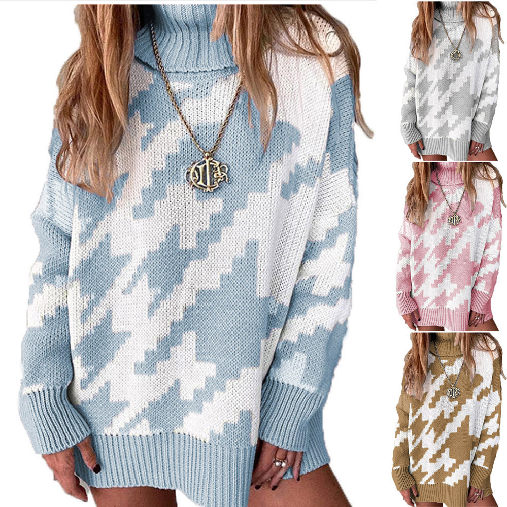 Damen Grobstrickpullover mit hohem Kragen und modernem geometrischen Muster R&B