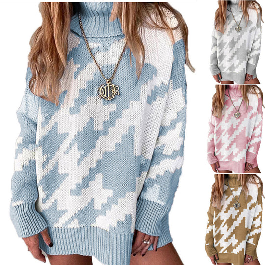 Damen Grobstrickpullover mit hohem Kragen und modernem geometrischen Muster R&B