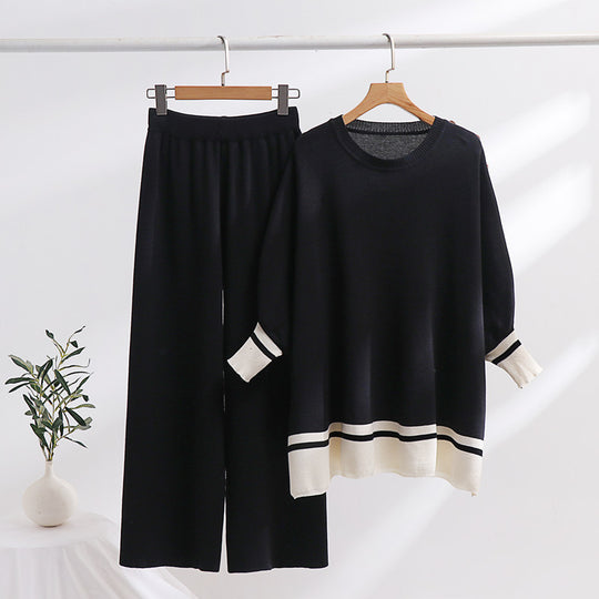 Damen lässiges Strick-Loungewear-Set mit modischem Kontrastsaum und weitem Schnitt R&B