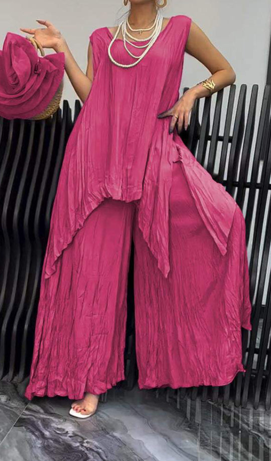 Damen nan luftiger Knitteroptik-Zweiteiler mit ärmelloser Tunika und weiter Palazzo-Hose R&B
