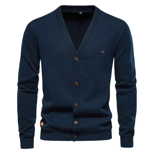 Herren Strickjacke mit V-Ausschnitt und modischen Holzknöpfen R&B