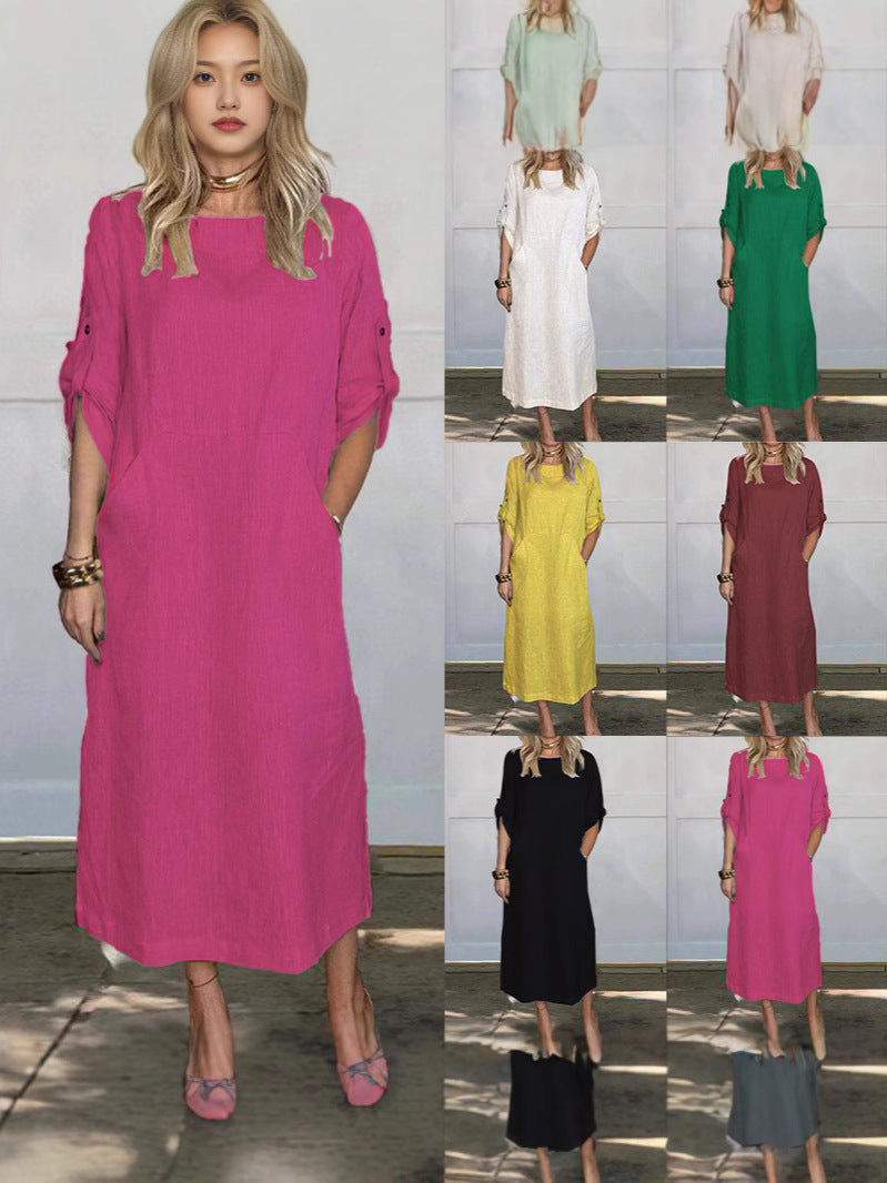 Damen lässiges Maxikleid mit praktischen Taschen und hochgekrempelten Ärmeln R&B