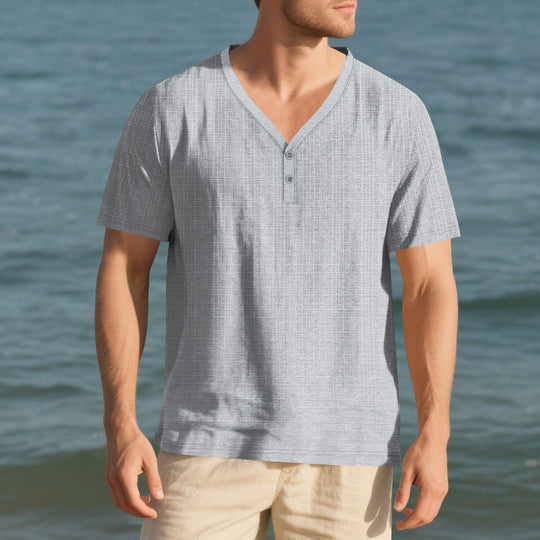 Herren lässiges Kurzarm-Henley-Shirt mit strukturierter Oberfläche R&B
