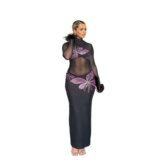 Damen Transparente Maxi-Robe mit kunstvollen Schmetterlingsdetails R&B