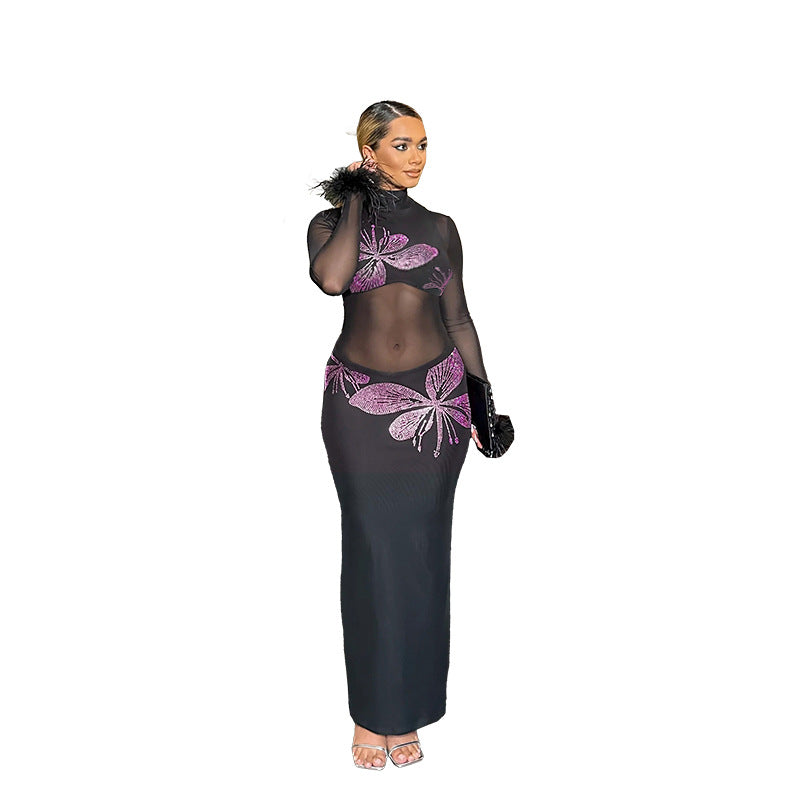 Damen Transparente Maxi-Robe mit kunstvollen Schmetterlingsdetails R&B